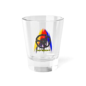 Deep Space Nine Space Station Shot Glass featuring colorful Star Trek DS9 space station artwork on a clear 1.5oz glass