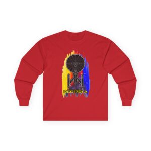 Red NCC-1701-A Long-Sleeve T-Shirt featuring a detailed USS Enterprise starship schematic over yellow, orange, red, and blue brushstrokes.