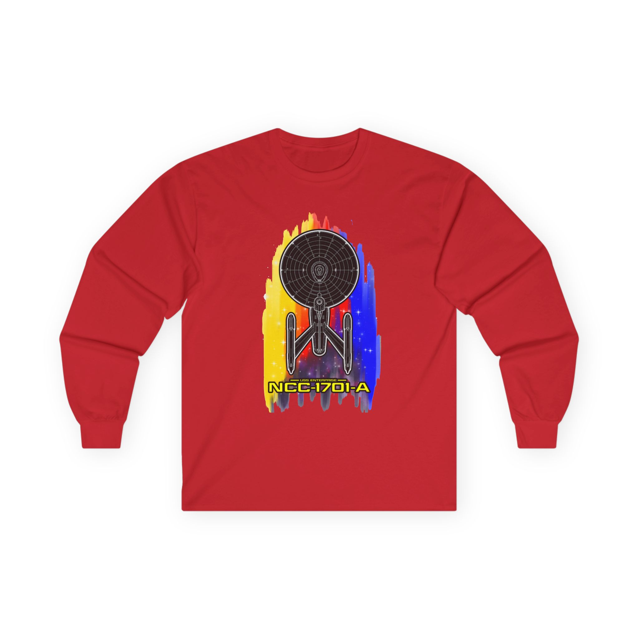 Red NCC-1701-A Long-Sleeve T-Shirt featuring a detailed USS Enterprise starship schematic over yellow, orange, red, and blue brushstrokes.