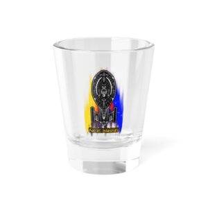 NCC-74656 Starship Shot Glass featuring a detailed USS Voyager illustration with yellow and blue background on a clear 1.5oz glass