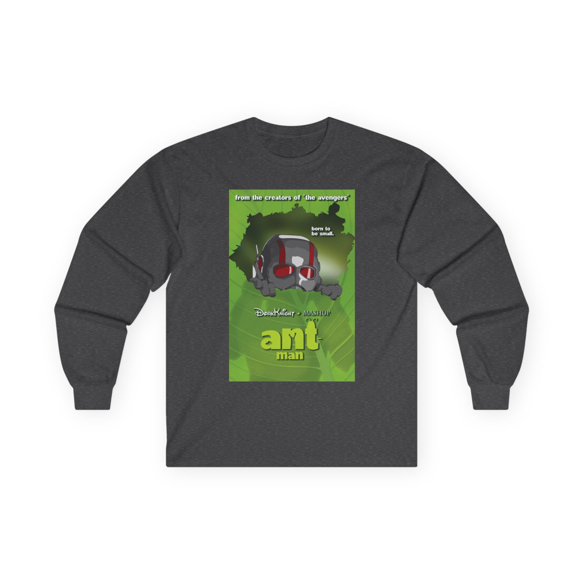 Ant-Man Long-Sleeve T-Shirt in Dark Heather featuring an A Bug’s Life parody movie poster with Ant-Man replacing Flik.