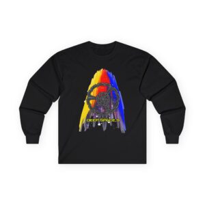 Black Deep Space Nine Long-Sleeve T-Shirt featuring the iconic Star Trek DS9 space station against vibrant yellow, orange, red, and blue brushstrokes.