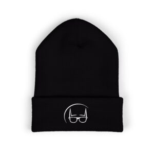 Black Dork Knight Designs embroidered cuffed beanie featuring the signature white Dork Knight cowl and glasses logo on the front.
