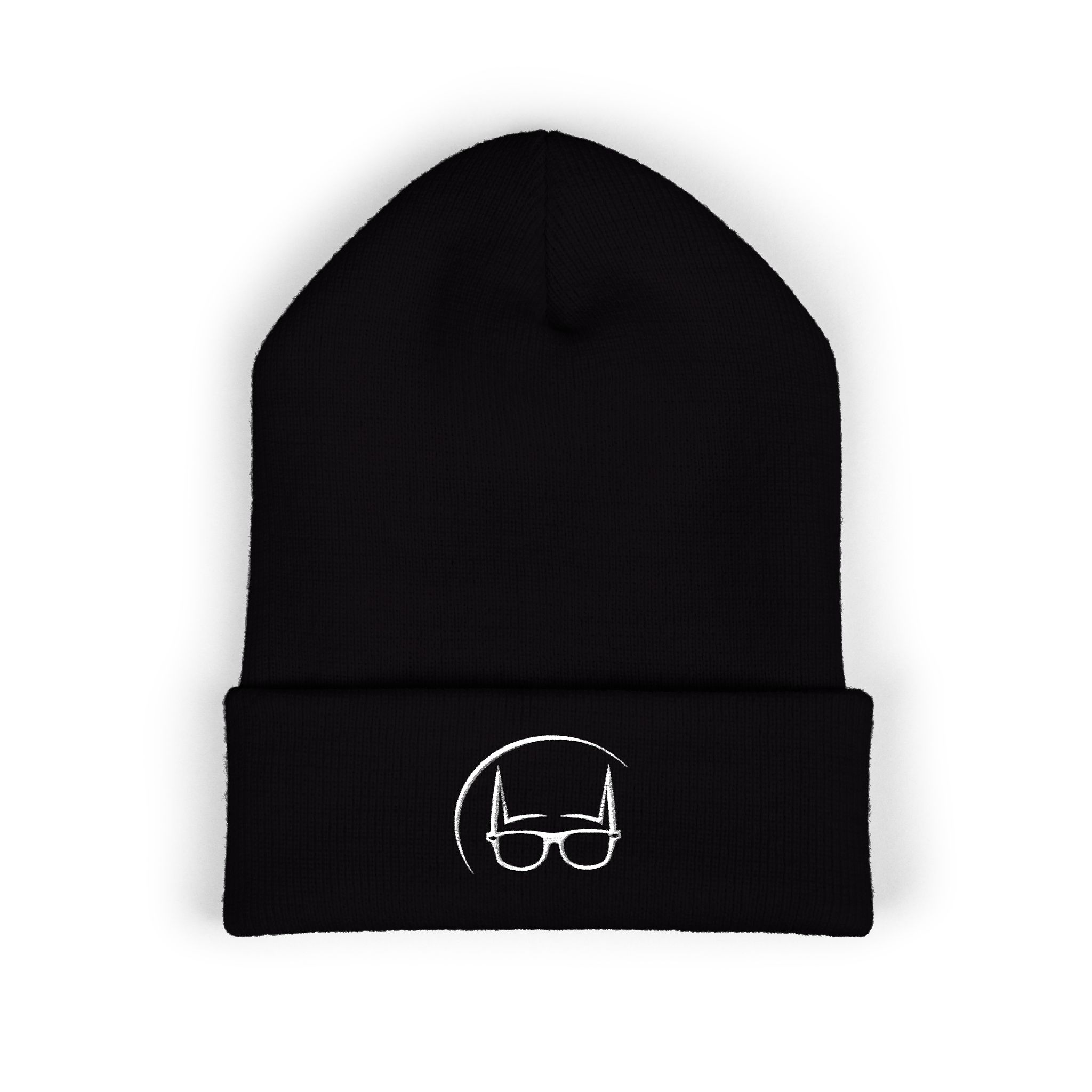 Black Dork Knight Designs embroidered cuffed beanie featuring the signature white Dork Knight cowl and glasses logo on the front.