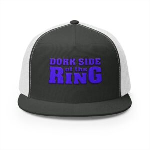 Black and white Dork Side of the Ring Trucker Snapback Hat featuring the show's bold purple logo on the black front panel, flat bill, and white mesh back.
