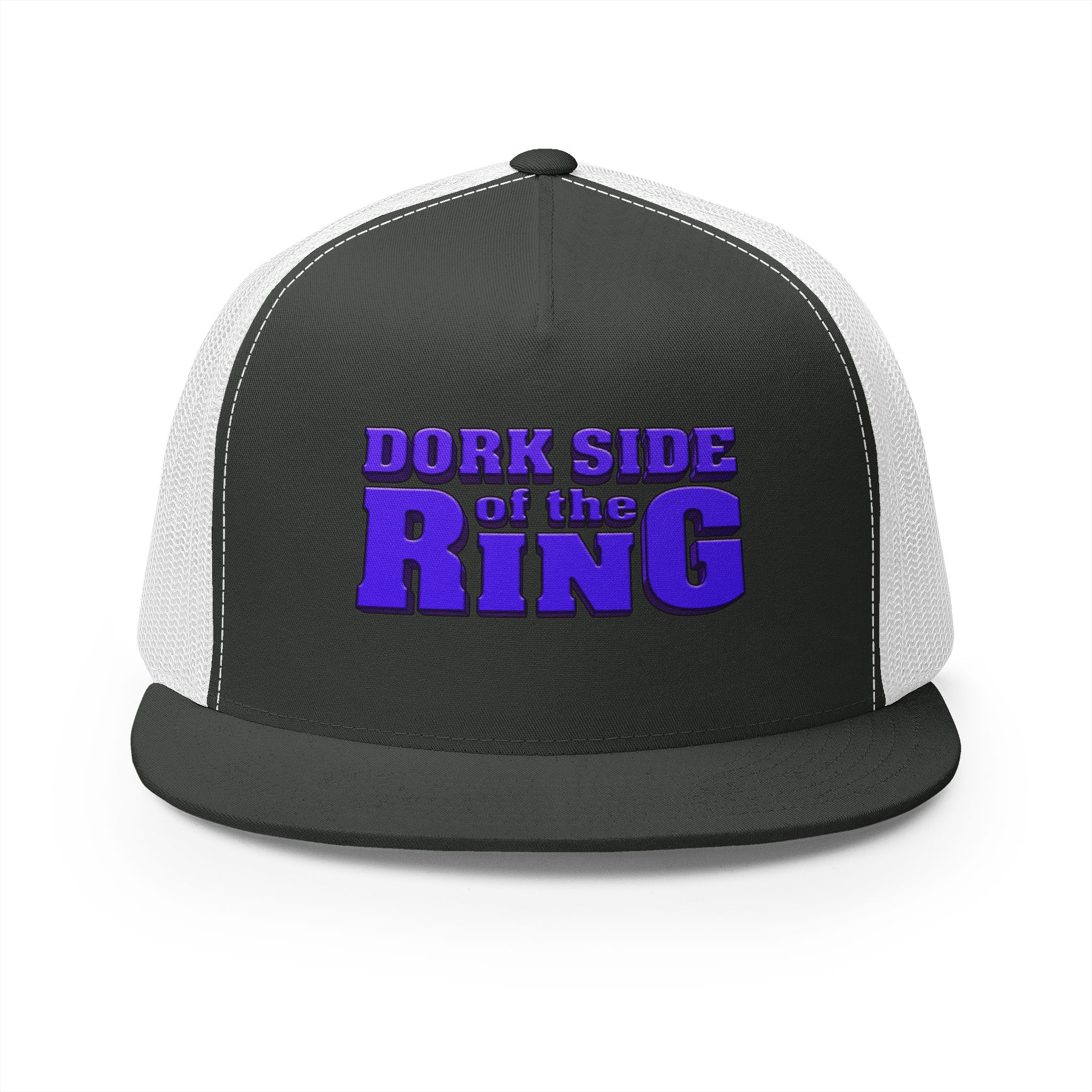 Black and white Dork Side of the Ring Trucker Snapback Hat featuring the show's bold purple logo on the black front panel, flat bill, and white mesh back.