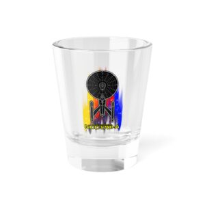 NCC-1701-A Starship Shot Glass featuring a colorful USS Enterprise-A illustration on a clear 1.5oz glass with a heavy base