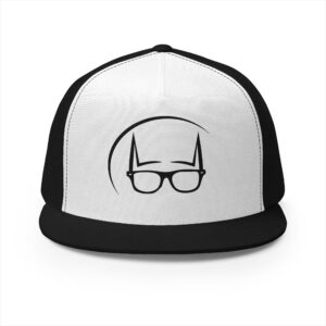 Black and white Dork Knight Designs Trucker Snapback Hat featuring the signature black cowl and glasses logo on a white front panel with a black flat bill.