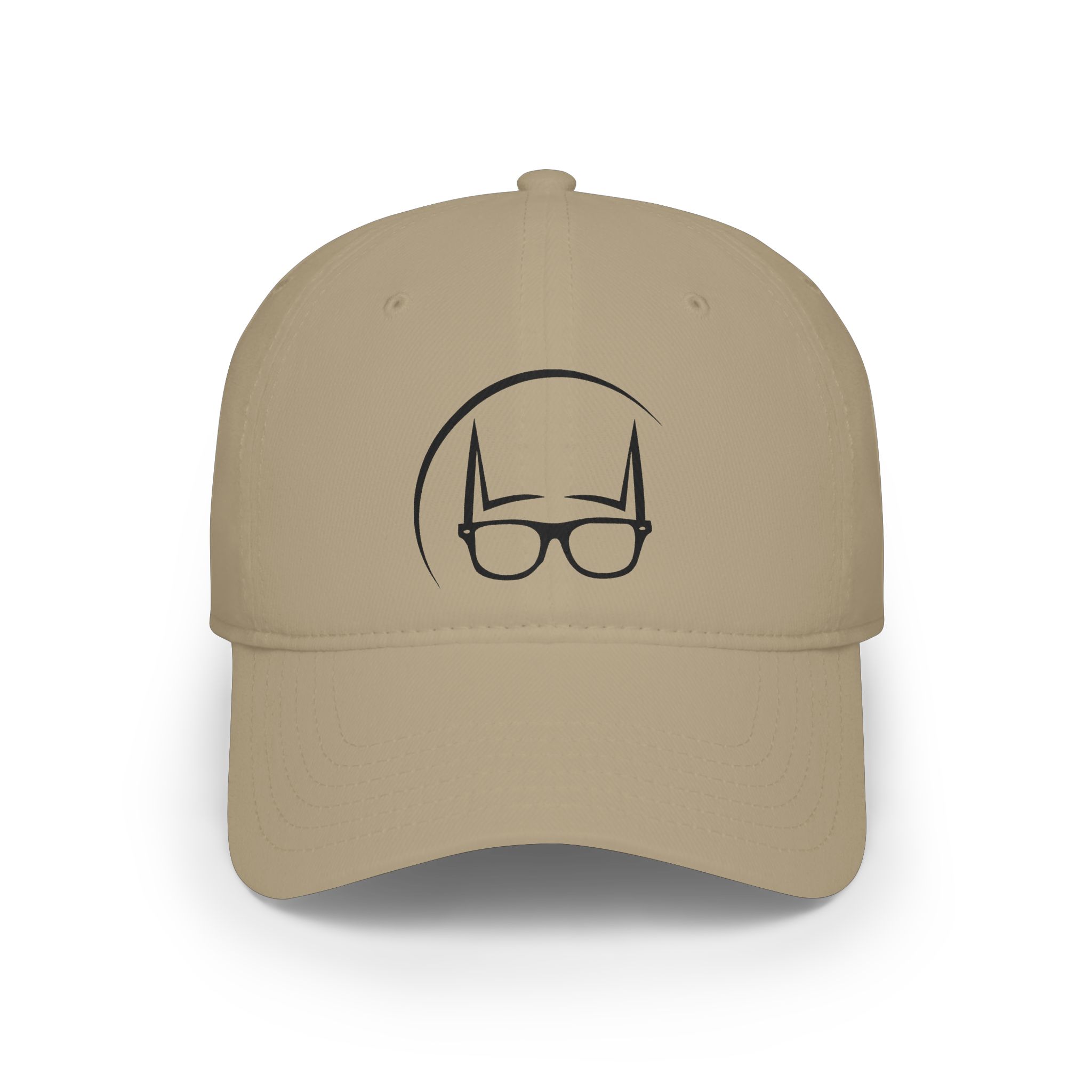 Khaki Dork Knight Designs embroidered baseball cap featuring the signature black pointed cowl and glasses logo on the front.