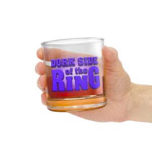 Dork Side of the Ring Wrestling Rocks Glass featuring bold purple wrestling show logo on a clear 10oz glass held in a hand